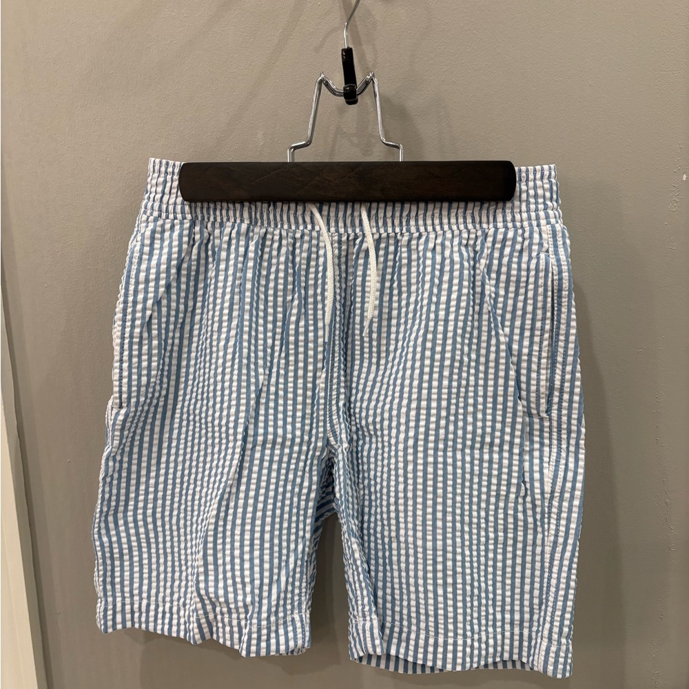 Crewcuts Blue and White Seersucker Swim Trunks